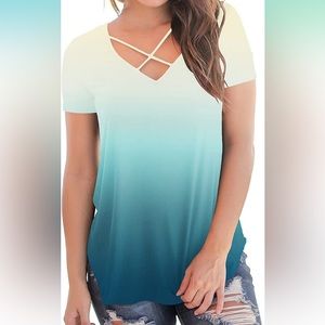 Women Tops V Neck Short Sleeve Cross Cross Soft Summer Loose Niashot Blue Size M